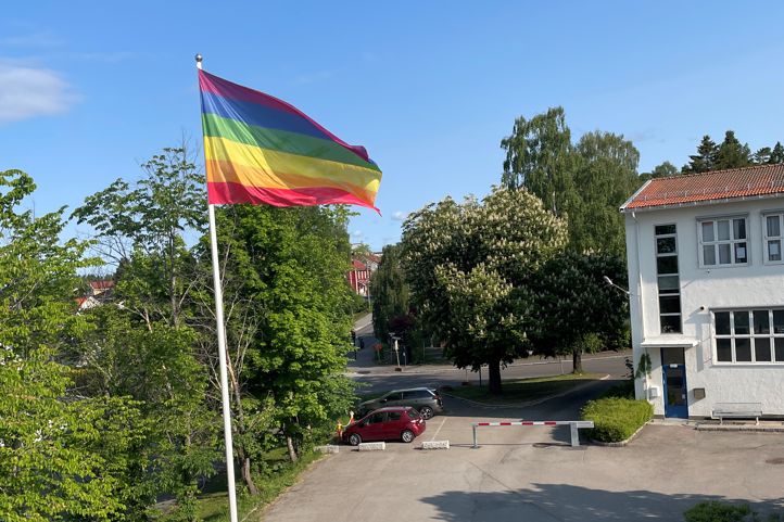 Prideflagget henger i flaggstangen